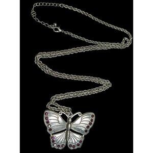 Fairycore Silver-Tone Butterfly Pendant Necklace With Purple Gem Accents